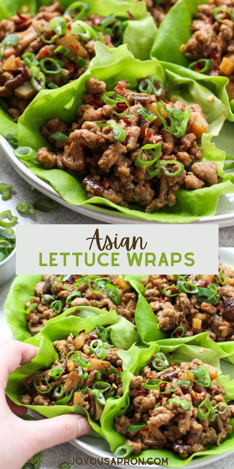 2 reviews · 25 minutes · Gluten free · Serves 4 · Asian Lettuce Wraps - easy, healthy and delicious Chinese inspired appetizer with ground pork, water chestnuts, onions and a delicious sauce. Light and low carb, it's also perfect for a quick weeknighy dinner! Crockpot Asian Chicken Lettuce Wraps, Yard House Chicken Lettuce Wraps, Chicken And Lettuce Recipes, Shredded Chicken Recipes Asian, Asian Minced Chicken, Stove Top Dinner Ideas Healthy, Of Change Chicken Lettuce Wraps, Asian Recipes With Ground Chicken, Chicken Cabbage Wraps