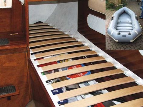 Yacht Decor Boat Interior, Ikea Bed Slats, Sailing Yacht Interior, Boat Organization, Build A Murphy Bed, Liveaboard Boats, Boat Bed, Boat Interior Design, Sailboat Interior