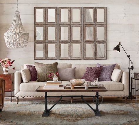 Aiden Large Wall Mirror from pottery barn. 6 paned wall mirror with rustic feel, wood frame natural tone. Mirror accent wall. #afflink Mirror Over Couch, Couch Wall Decor, Window Pane Mirror, Behind Couch, Above Couch, Large Wall Mirror, Vintage Living Room, Décor Diy, Formal Living