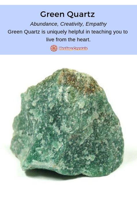 Affirmation: I give and receive loving, empathic energy. Keywords: Abundance, Creativity, Empathy Carrying Green Quartz can help to activate the Heart Chakra in order to bring in the knowledge of Universal Love and impart a sense of wholeness to the owner, making generosity occur more frequently. It is uniquely helpful in teaching you to live from the heart. #crystals #crystalhealing #healingstones Green Strawberry Quartz Meaning, Green Quartz Meaning, Crystal Education, Crystal Benefits, Best Healing Crystals, Quartz Meaning, Quartz Properties, Give And Receive, Crystal Guide