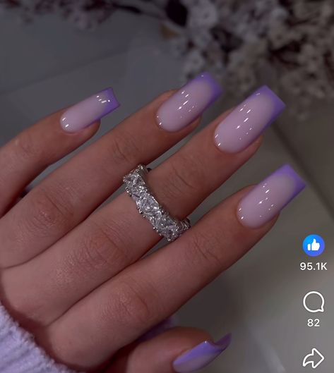 Purple And White French Tip Nails, Acrylic Nails Light Purple, Light Purple French Tips, French Tip Purple, Lavender French Tips, Purple French Nails, Purple Sparkly Nails, Purple French Tip Nails, Bb Nails