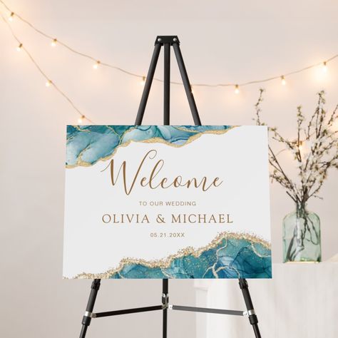 Agate Geode and Turquoise Teal Blue and Gold Foil Wedding Spring or Summer Welcome Sign - includes modern beautiful and elegant script for the special Wedding day celebration. Wedding Turquoise Decoration, Teal And Gold Wedding Decor, Teal And Grey Wedding Decorations, Teal Blue Wedding Decor, Teal And Gold Wedding Cake, Wedding Theme Turquoise, Teal And Champagne Wedding, Teal Blue Wedding Theme, Ocean Blue Wedding Theme