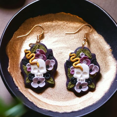 Gothic Polymer Clay, Skull Aesthetic, Clay Skull, Clay Business, Snake Skull, Closet Aesthetic, Garden Earrings, Witchy Garden, Clay Embroidery