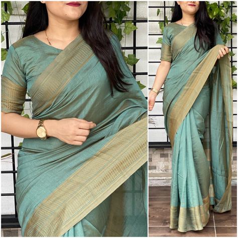 SAREE- Bamboo silk saree with tussles in pallu with Same Blouse as per saree design.* *Best design for uniform* *SAREE-5.5mtr* *BLOUSE-.80CM* *RATE-830+$*jai For order contact:9492358459 Bamboo Silk Saree Blouse Design, Bamboo Silk Saree, Blouse Pattern Free, Sequins Blouse, Saree Traditional, Saree And Blouse, New Saree Designs, Design Saree, Saree Designer