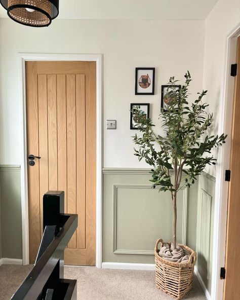 Bungalow Hallway Ideas, Overtly Olive, Hallway Wall Colors, Stairs And Hallway Ideas, Disney Prints, Green Hallway Ideas, Airing Cupboard, Hallway Colours, Simple Living Room Decor