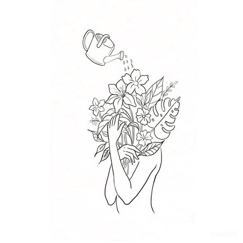 Watering Self Tattoo, Watering Yourself, Self Tattoo, Garden Tattoos, Prayer Board, Line Art, Self Love, Tattoos, Drawings