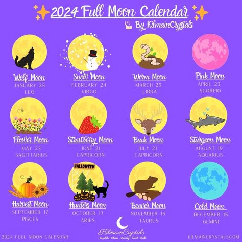 2024 Full Moon Calendar, 2024 Full Moon Dates List, Free Printable PDF Schedule and Astrology Signs, free printable full moon calendar, 2024 full moon signs, wolf moon, cold moon, buck moon, strawberry moon, harvest moon, hunters moon, Spirituality Guide, Full Moon Dates, Full Moon Calendar, Moon Hunters, Moon Date, Sturgeon Moon, Cold Moon, Moon Rituals, Traditional Names