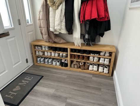 Handmade solid wooden shoe bench made from sustainable rustic pine & waxed in Fiddes environmentally friendly wax polishes. Dimensions 30 Depth 56cm Height Available in many lengths 2 top shelves 12cm high Lower shelf 18cm high If your looking for a bespoke size or change of shelving layout we’re more than happy to discuss, just pop us a message. Long Bench With Shoe Storage, Shoe Storage Bench Entryway, Garage Entrance, Shoe Bench Entryway, Bench Entryway, Diy Shoe Rack, Shoe Rack Bench, Barndominium Plans, Shoe Rack Entryway