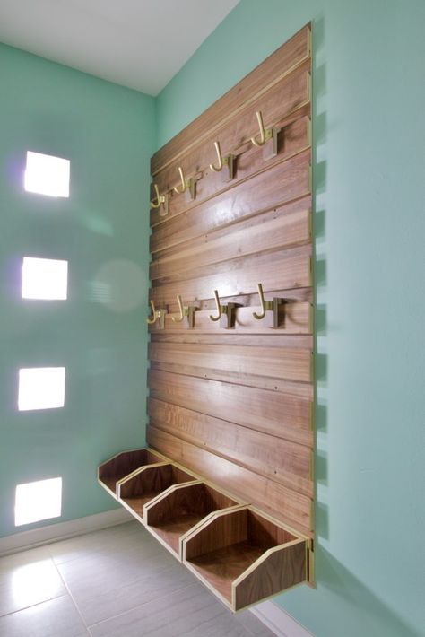 French Cleat Storage, Closet Storage Systems, Walnut Plywood, French Cleat, Entryway Wall, After Pictures, Laundry Mud Room, Slat Wall, Before And After Pictures