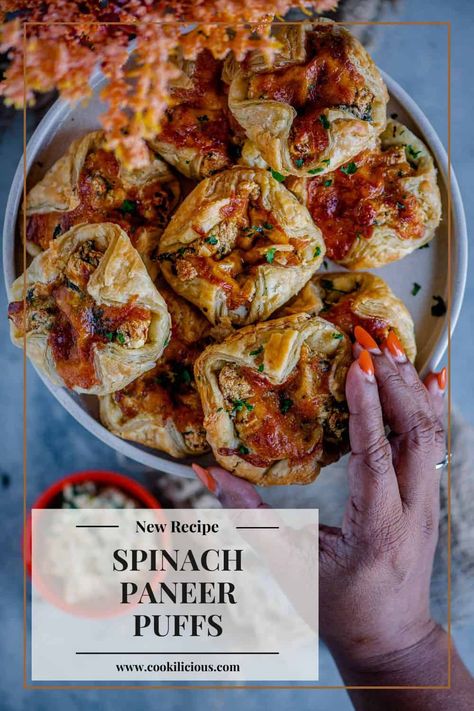 Spinach Paneer Puffs is an Indian fusion appetizer recipe that will please any crowd! These savory puffs are flaky, gooey, and very delicious! Make it in under 45 minutes! #puffpastry #savory #paneer #spinach #partyfood #appetizer #snack #vegetarian #noeggs #cheese Paneer Puff, Paneer Puff Pastry, Paneer Appetizer Recipes, Party Snacks Vegetarian, Fusion Appetizers, Paneer Appetizers, Easy Indian Appetizers, Indian Appetizers, Easy To Make Appetizers