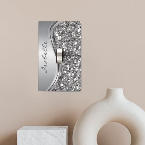 $15.90 | Silver Sparkle Glam Bling Monogram Name Metal #glam, bling, glitter, light switch cover, monogram, name, silver, monogram light switch cover, glitter monogram, glitter light switch cover Bling Ceiling Fan, Bedazzle Ideas, Glitter Light Switches, Mirror Projects, Bling Bathroom, Designer Light Switches, Glam Mirror, Bling Ideas, Canvas Diy