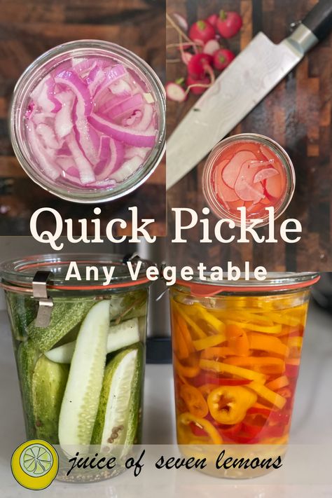 Learn the speedy method of quick pickling and transform any vegetable into zesty flavor bombs. Endless pickling possibilities as well as fun ideas on how to use pickled veggies in almost any meal. These pickles will turn your ordinary meal into extraordinary. Fill your fridge with an assortment of these quick and easy pickled vegetables and always have a meal upgrade on hand. 🥒🌶️ #QuickPickles #DIY #PickledVeggies How To Pickle Veggies, Pickles Vegetables Recipe, Quick Pickling Recipes, Pickles With Pickling Spice, Mixed Vegetable Pickles, Pickled Mixed Vegetables Recipes For Canning, Diy Pickles, How To Quick Pickle Any Vegetable, Healthy Chip Alternative