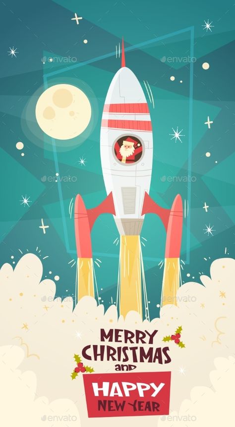 Space Things, Space Christmas, Happy New Year Card, Santa Christmas Cards, Retro Rocket, Icon Sets, Happy New Year Cards, Flat Vector Illustration, Operation Christmas Child