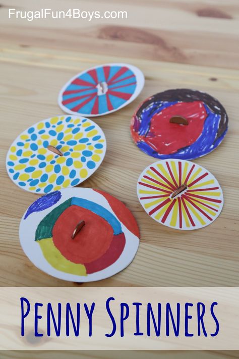 Penny Spinners - Tops that Kids Can Make.  Such a great craft that kids of all ages will enjoy. Penny Spinners, Crafts For School, Plate Crafts For Kids, Paper Plate Crafts For Kids, Spinning Tops, Spinner Toy, Paper Plate Crafts, Crafts For Boys, Plate Crafts