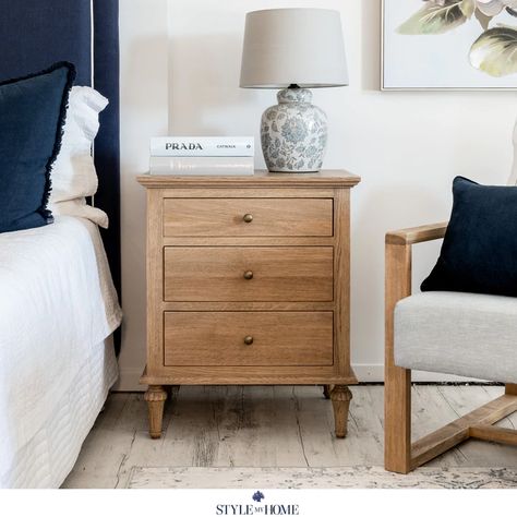 Country Style Bedrooms, Tall Bedside Table, Bedside Table Styling, Hamptons Furniture, Coastal Traditional, Country Style Bedroom, Mid Century Nightstand, Rustic Nightstand, Bedroom Size