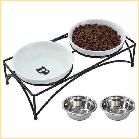 FOREYY Elevated Cat Bowls with 2 Ceramic Bowls and 2 Stainless Steel Bowls,Raised Cat Elevated Cat Bowls, Cat Food Dish, Elevated Dog Bowls, Cat Dishes, Cat Food Bowl, Iron Stand, Stainless Steel Bowls, Treat Jars, Stoneware Ceramics