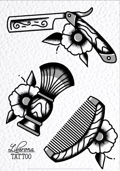 Liberona Tattoo, Traditional Old School Tattoo Flash, Tatto Old Scold, Tattoo Styles Oldschool, Barber Tattoo Design, Straight Tattoo, Oldschool Tattoo Traditional, Small Traditional Tattoo Fillers, Comb Tattoo