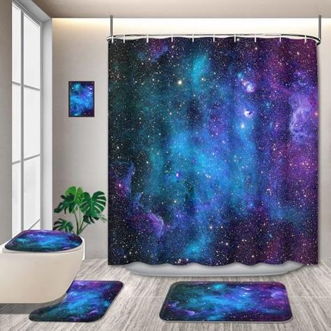 Space Theme Bathroom, Kids Shower Curtain, Outer Space Theme, Bathroom Shower Curtain Sets, Galaxy Pattern, Toilet Lid Cover, Bathroom Decor Sets, Toilet Mat, Bathroom Accessory Sets