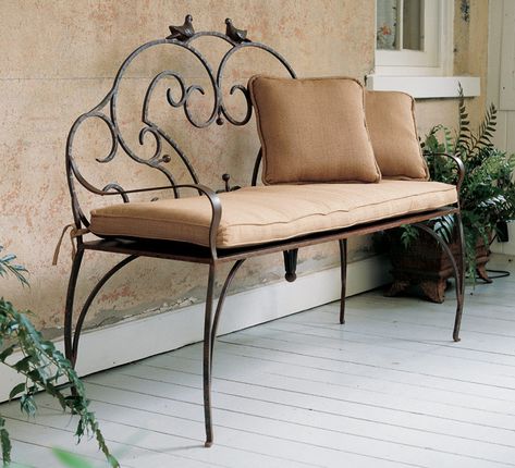 Charleston Gardens: Your source for seasonal and holiday decor, artisan-crafted home and garden furnishings and memorable gifts. 2989 Metal Outdoor Bench, Wrought Iron Bench, Cottage Style Furniture, Charleston Gardens, Wrought Iron Chairs, Black Dining Room Chairs, Fantasy Furniture, Wrought Iron Decor, Upholstered Swivel Chairs