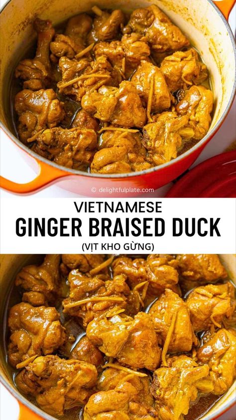 a pot of Vietnamese Ginger Braised Duck (Vịt Kho Gừng) Braised Duck, Asian Dinners, Fusion Dishes, Easy Asian Recipes, Duck Recipes, Potluck Recipes, Steamed Rice, World Recipes, Asian Cooking