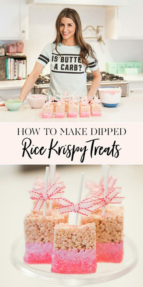 How to Make Dipped Rice Krispie Treats | I've been baking and blogging for years and one recipe has been requested far more than any other. Dipped Rice Krispy Treats! Who would have thought?? || JennyCookies.com Dipped Rice Krispie Treats, How To Make Dip, Homemade Rice Krispies Treats, Recipes Rice, Baby Shower Snacks, Jenny Cookies, Krispie Treats Recipe, Party Food Dessert, Baby Shower Treats