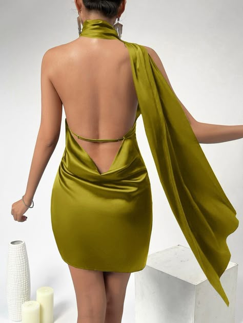 SHEIN BAE Draped Backless Detail Satin Dress | SHEIN USA Chic Cocktail Dress, Olive Green Dress, Elegant Outfit Classy, Simple Prom Dress, Stylish Women Fashion, Exclusive Dress, Classy Casual Outfits, Trendy Fashion Outfits, Night Out Dress