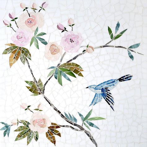 Discover the unique craftsmanship of our Blossom Floral & Bird Bianco Lava Glass Mosaic. This piece of art will add a touch of class and sophistication to any room. Its vibrant colors, intricate designs, and durable glass construction make it a timeless piece worthy of any luxury home. Flower Mosaic Tile Backsplash, Bathroom Tile Mosaic, Bathroom Wall Design, Mosaic Tile Projects, Mosaic Tile Wall Art, Backsplash Accent Wall, Floral Mosaic Tile, Mediterranean Mosaic, Simple Mosaic