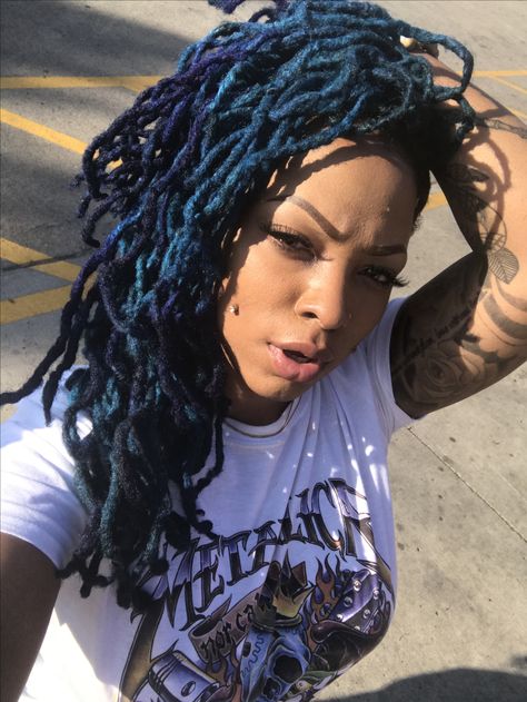 Locs cris montana blue hair natural Blue Roots Black Hair Locs, Turquoise Locs Black Women, Blue Black Locs Black Women, Midnight Blue Locs Black Women, Indigo Locs Black Women, Blue Locs, Blue Locs Black Women, Midnight Blue Locs, Blue And Purple Locs Black Women