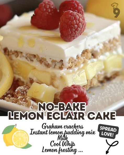 Easy Family Recipes Lemon Eclair, Holiday Deserts, Eclairs Dessert, Lemon Desserts Easy, Sugar Free Desserts Easy, Easy Dump Cake Recipe, Easy Family Recipes, Eclair Cake, Lemon Dessert