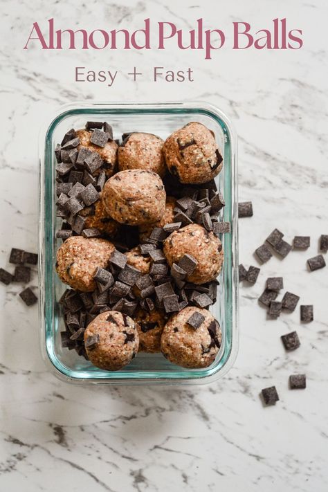 Make these chocolate chip energy balls with only wholesome ingredients! Any remaining ground almonds after making almond milk make these no bake bites! Almond Pulp Energy Balls, Chocolate Chip Energy Balls, No Bake Bites, Making Almond Milk, Almond Butter Oatmeal, High Energy Snacks, Oatmeal Balls, Make Almond Milk, Buying House