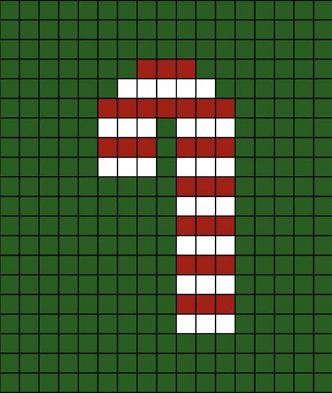 A pixel art template of a red and white Candy Cane, on a dark green background without any outlines. Pixel Drawing Christmas, Pixel Art Grid Christmas, Easy Pixel Art Christmas, Christmas Pixel Art Easy, Christmas Pixel Art Aesthetic, Pixel Art Ideas Christmas, Christmas Pixel Grid, Pixel Christmas Art, Perler Bead Patterns Christmas