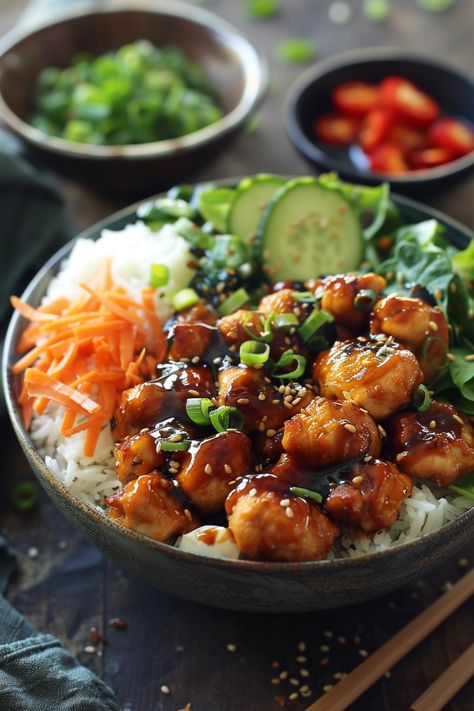 Chicken teriyaki rice bowl topped with sliced cucumber, shredded carrots, greens, and sesame seeds. Healthy Teriyaki Chicken Bowl, Teryaki Chicken Bowl, Chicken Bowl Recipe Healthy, Teriyaki Chicken Bowls, Teriyaki Chicken Bowl Recipe, Chicken Bowls Healthy, Healthy Teriyaki Chicken, Chicken Sushi, Teriyaki Chicken Bowl