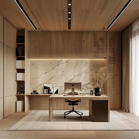 Japandi Home Office in Amsterdam Japanese Office Design, Japandi Office Design, Japandi Style Home, Japandi Home Office, Office Cabin Design, Warm Wood Tones, Neutral Interior Design, Narrow House Designs, Home Office/guest Room