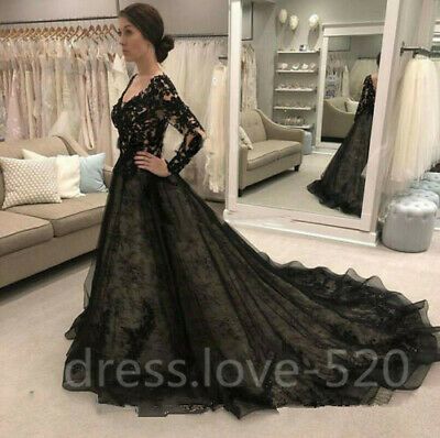 Black Gothic Lace Wedding Dresses Vintage Long Sleeve V Back Chapel Train Custom | eBay Prom Dresses Long Black, Black Lace Wedding Dress, Black Wedding Dress Gothic, Black Lace Wedding, Wedding Dress Black, Bride Dress Lace, Gothic Wedding Dress, Dress Ball Gown, V Neck Prom Dresses