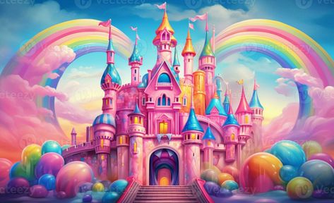 Rainbow Castle, Candy Kingdom, City Ideas, Magical Girl Aesthetic, Sky City, Heaven Art, Rainbow Sky, Background Clipart, Free Vectors