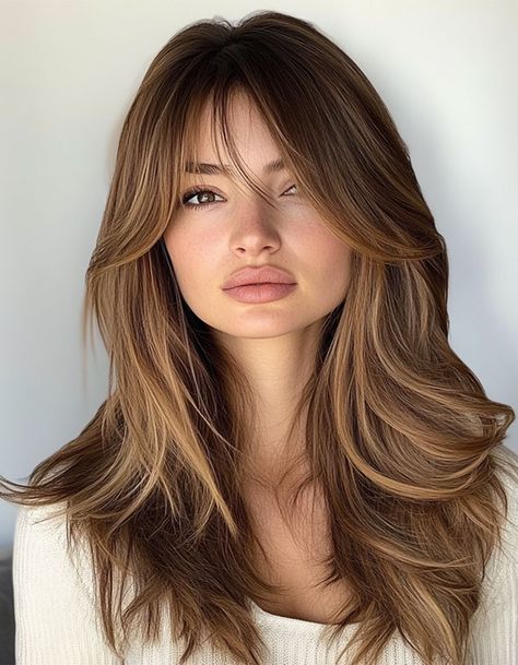 Soft Caramel Layered Haircut for Long Hair, long layered haircut with fringe Layered Haircuts Long, Caramel Layered Hair, Soft Rounded Layers, Haircuts For Thick Long Hair, Haircut For Round Face Shape Medium, Soft Layers Haircut, Layered 90s Haircut, Soft Layered Haircut, Short Layers Long Hair