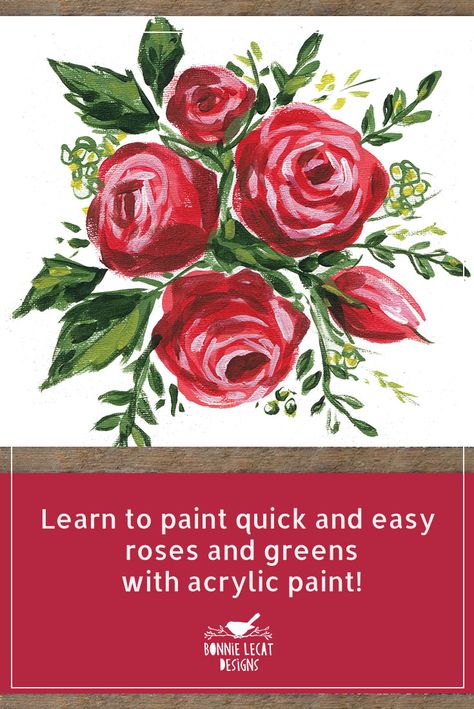 Painting roses and greens is easy and fun in this beginner level art class. Join artist Bonnie Lecat as she guides you through the steps and supplies needed to paint roses and leaves in your acrylic paintings. Simple Oil Painting, Painting Roses, Acrylic Painting Flowers, Simple Rose, Watercolor Paintings Easy, Hur Man Målar, Acrylic Flowers, House Paint, Painting Lessons