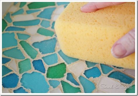 Sea Glass Mosaic Tutorial.  clean off messy edges of grout on sides.  use a clean wet sponge. Mirrored Serving Tray, Diy Serving Tray, Sea Glass Projects, Sea Glass Mosaic, Mosaic Tray, Sea Glass Ideas, Beach Glass Crafts, Glass Art Projects, Sea Glass Crafts