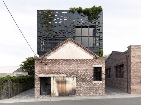 the adaptive reuse project sees the listed façade being kept and the metal insertion placed within and set back at 1.3 meters. Dko Architecture, Interior Design Blogs, Houses Architecture, Warehouse Home, Metal Facade, Top Architects, Australian Architecture, Brick Facade, Brick Building