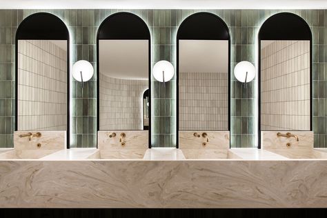 Restroom Lighting, Public Restroom Design, Commercial Bathroom Designs, Corian Colors, Barrel Vault Ceiling, Commercial Toilet, Restroom Design, Australian Interior Design, Architects Office