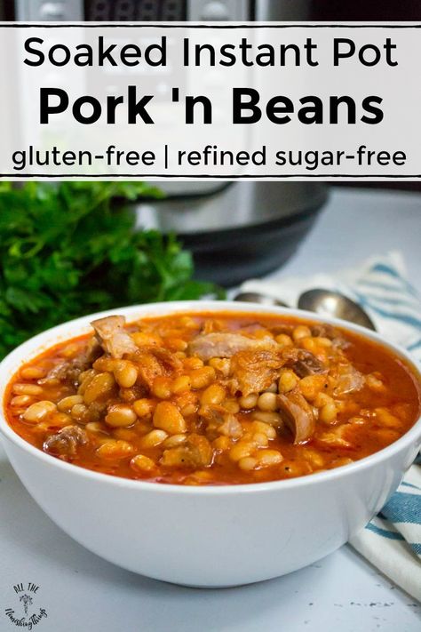 These Instant Pot Pork 'n Beans hearken back to the canned version, but this Pork 'n Beans recipe is SO much healthier! Not only are the beans first soaked to reduce phytic acid, but this recipe is refined sugar-free, gluten-free, and dairy-free. This all-weather recipe is perfect for chilly nights with some cornbread, potlucks, BBQs, and meal prep! #allthenourishingthings #instantpot #instantpotrecipes #beans #cheapmeals #glutenfree #potluck #bakedbeans Pork And Beans Recipe, Pork And Beans, Beans And Cornbread, Gluten Free Instant Pot, Pork N Beans, Phytic Acid, Instant Pot Pork, Pot Ideas, Beans Recipe