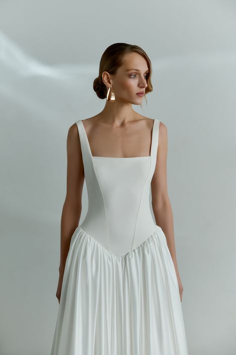 LYNN | Reev Bridal Basque Waist A Line Wedding Dress, White Drop Waist Dress, Drop Waist Corset Dress, Drop Waist Corset Wedding Dress, Dropped Waist Wedding Dress, Wedding Dress Square Neck, Square Neck Wedding Dress, Waist Wedding Dress, Wedding Dress Minimalist