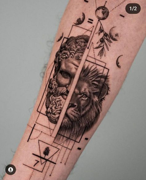 Hercules Lion Tattoo, Geometric Realism Tattoo, Hercules Lion, Hercules Tattoo, Outer Forearm Tattoo, Karma Tattoo, Lion Tattoo Sleeves, Lion Head Tattoos, Fine Line Tattoo