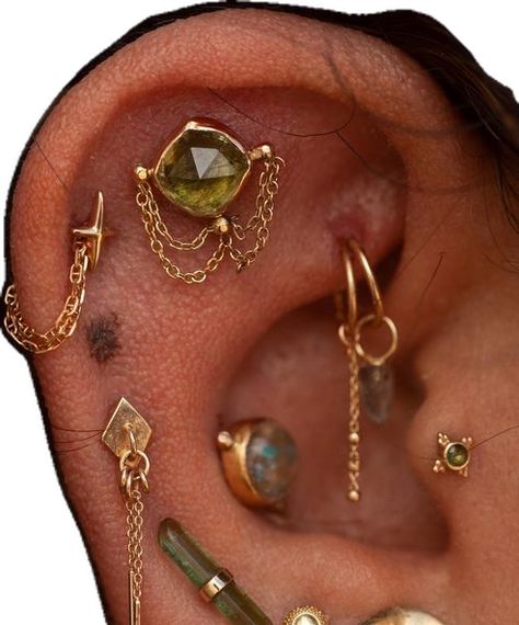 Boho Piercings Ears, Ear Piercing Ideas Maximalist, Multiple Ear Piercings Unique, Boho Earring Stack, Gold And Silver Earrings Combo, Bohemian Piercings, Ear Piercing Curation Silver, Themed Ear Piercings, Boho Ear Piercings