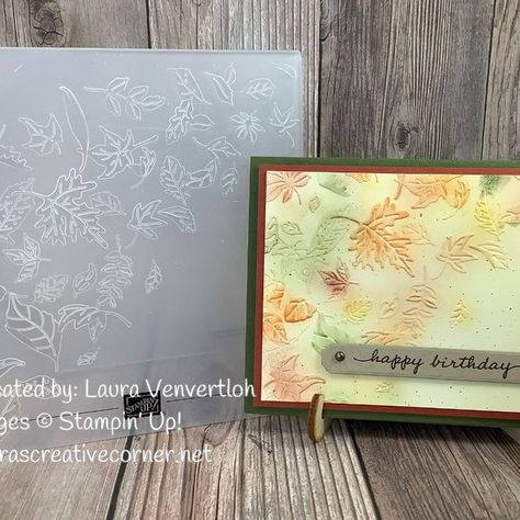 The Leaf Fall 3D embossing folder is soooo elegant-it takes the main stage for this simple card! Read more details on my blog! Leaf Fall Embossing Folder, Embossed Cards, Tree Cards, Falling Leaves, Thanksgiving Cards, The Leaf, Stamping Up Cards, Fun Fold Cards, Thanksgiving Crafts