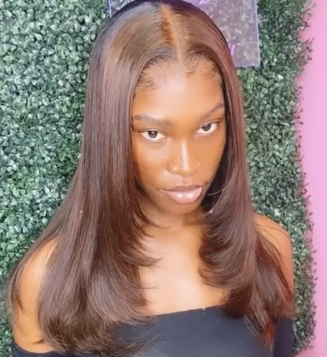 Long Straight Hair With Layers Black Women, Straight Layered Wig Black Women, Brown Hair With Bangs Black Women, 90s Layered Wig, Dark Brown Sew In, Layered Straight Hair Black Women, Layered Lace Front Wigs, Layered Wig Black Women, Layers Black Women