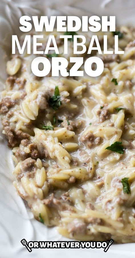 Swedish Meatball Hotdish, Cold Orzo Recipes, Orzo Stroganoff, Hamburger And Orzo Recipes, Orzo And Hamburger Recipes, Orzo And Ground Beef Recipes, Ground Beef And Orzo Recipe, Beef Orzo Recipes, Premade Meatball Recipes