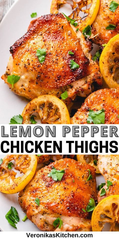 Oven baked chicken thighs with grilled lemon slices on a plate. Chicken Leg Healthy Recipes, Honey Garlic Lemon Pepper Chicken Thighs, Lemon Pepper Chicken Thighs, Chicken Thigh Seasoning, Baked Lemon Pepper Chicken, Lemon Chicken Thighs, Baked Lemon Chicken, Marinated Chicken Thighs, Chicken Leg Recipes