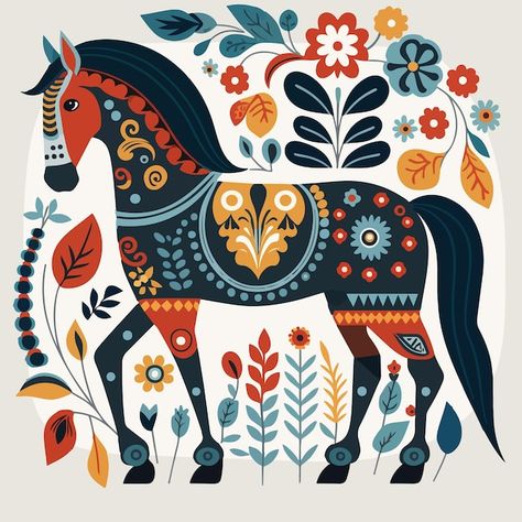 Dala Horse Illustration, Folk Horse Illustration, Horse Illustration Design, Horse Illustration Art, Scandinavian Folk Art Swedish Style, Scandinavian Horse, Horse Art Painting, Horse Folk Art, Folk Art Illustration