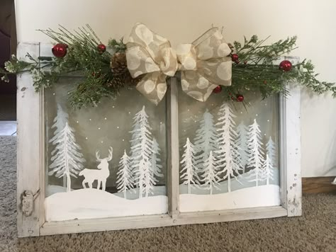 Farmhouse Window Christmas Decor, Window Diy Decor Ideas, Antique Window Christmas Decor, Painted Window Panes Christmas, Vintage Window Christmas Ideas, Window Christmas Tree Ideas, Christmas Window Pane Ideas, Old Windows Christmas Ideas, Christmas Window Frame Decor